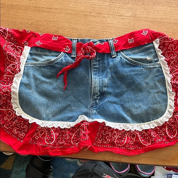 Handcrafted Red Bandana Denim Half Apron Skirt - Picture 1 of 4